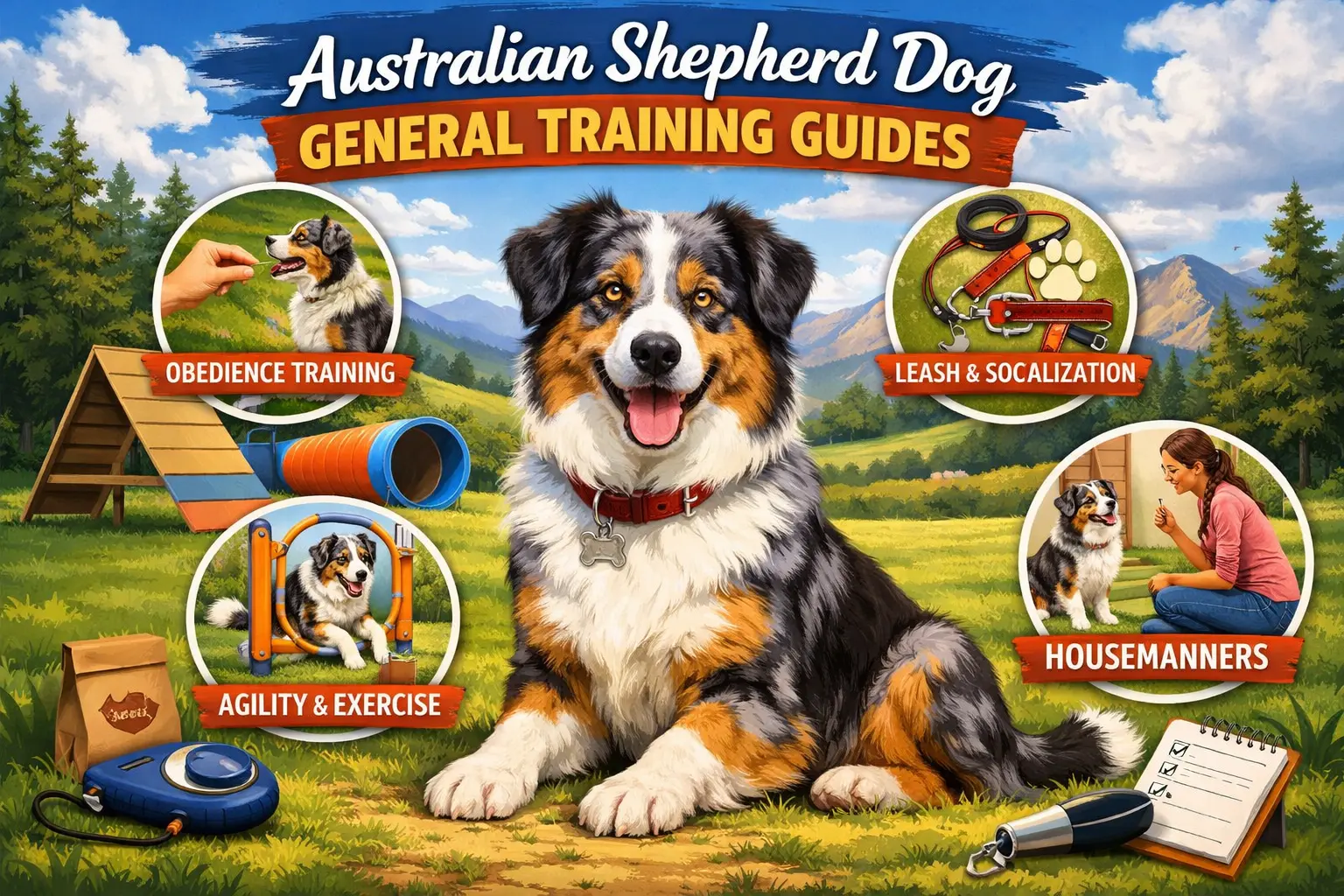 Australian Shepherd dog learning basic training commands with owner