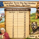 Australian Terrier age chart showing dog years to human years with a small sturdy Australian Terrier standing alert