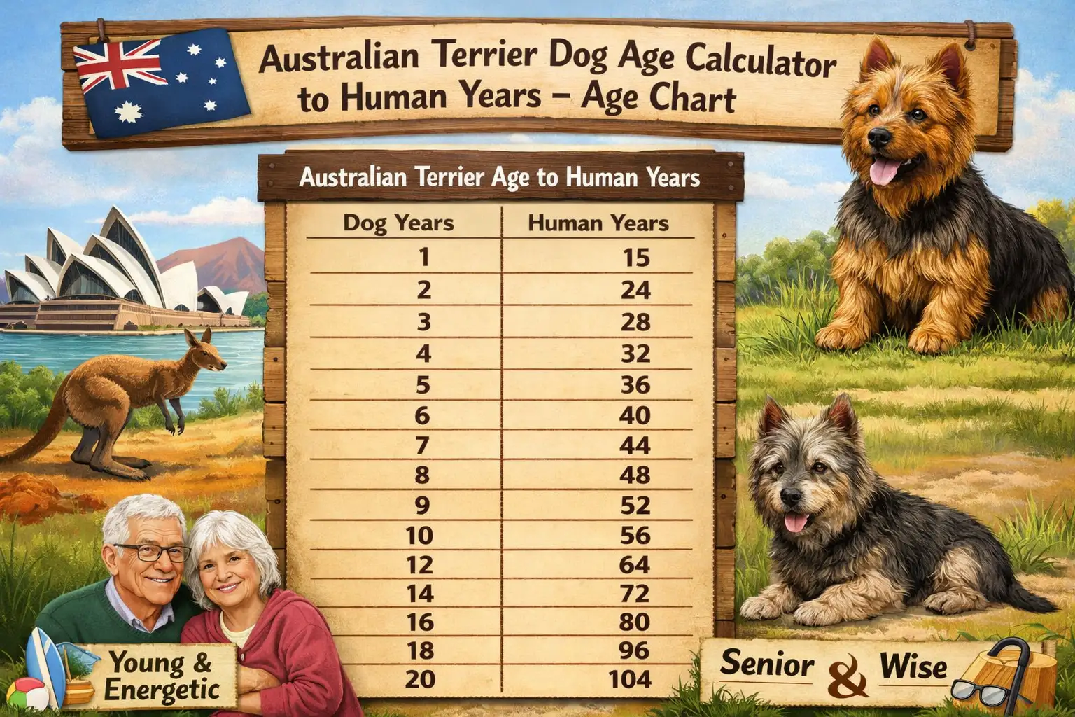 Australian Terrier age chart showing dog years to human years with a small sturdy Australian Terrier standing alert