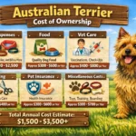 Australian Terrier standing outdoors with cost estimates for puppy price, monthly care, vet bills, and lifetime ownership expenses