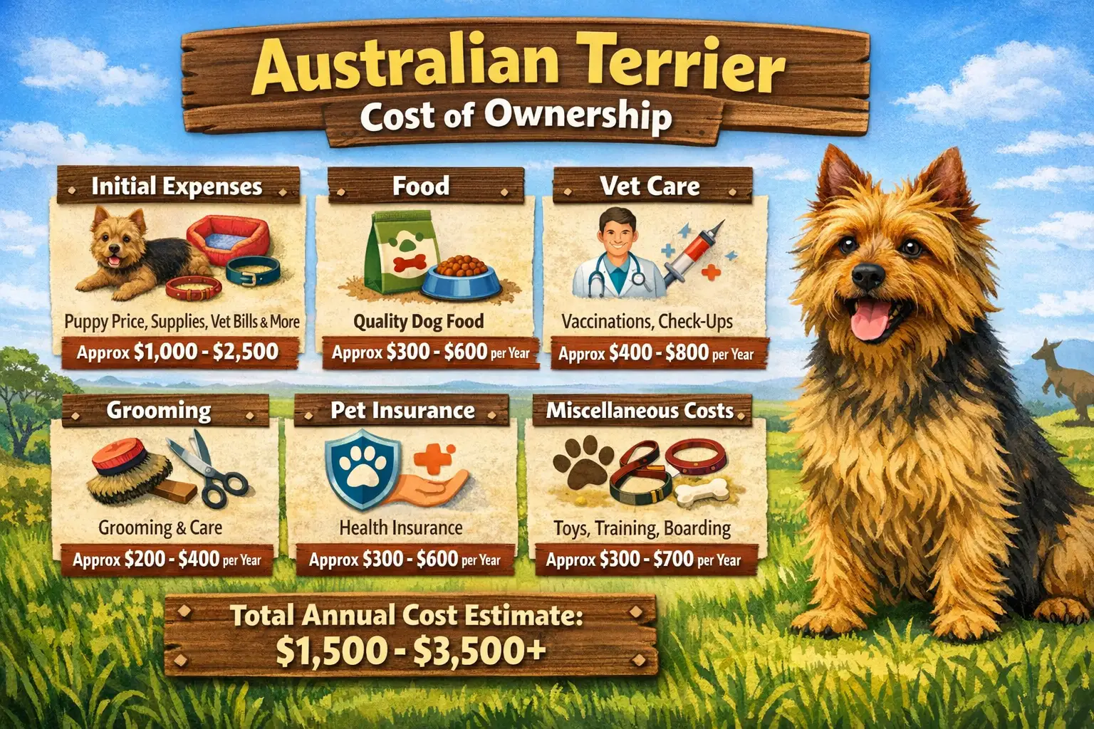 Australian Terrier standing outdoors with cost estimates for puppy price, monthly care, vet bills, and lifetime ownership expenses