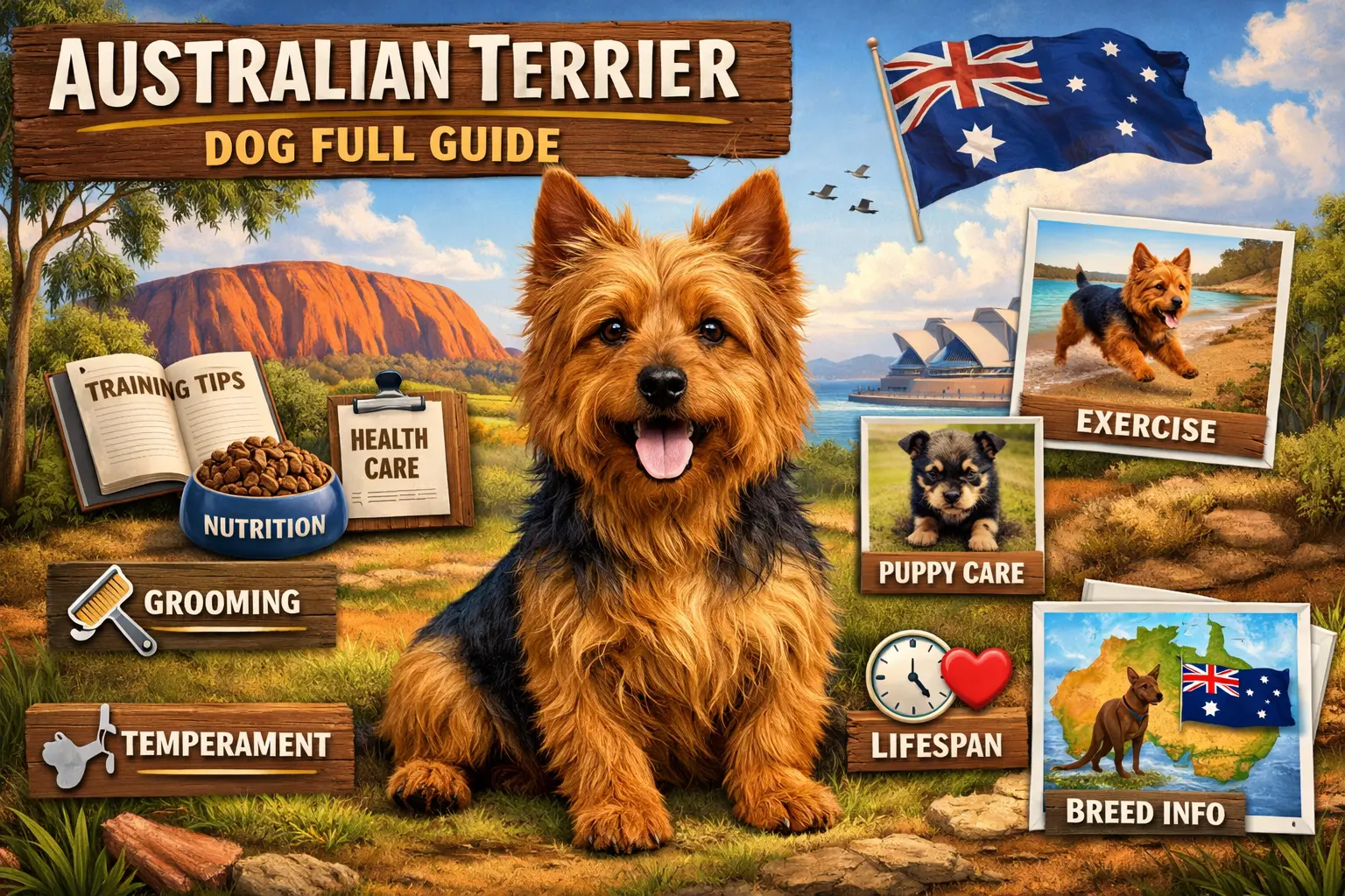 Australian Terrier dog standing alert with a rough coat, compact body, upright ears, and confident terrier expression
