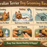 Australian Terrier grooming showing a wiry-coated dog being brushed at home