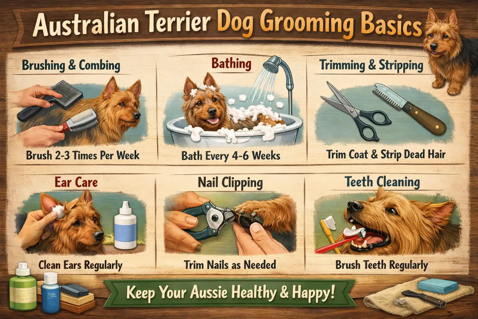 Australian Terrier grooming showing a wiry-coated dog being brushed at home