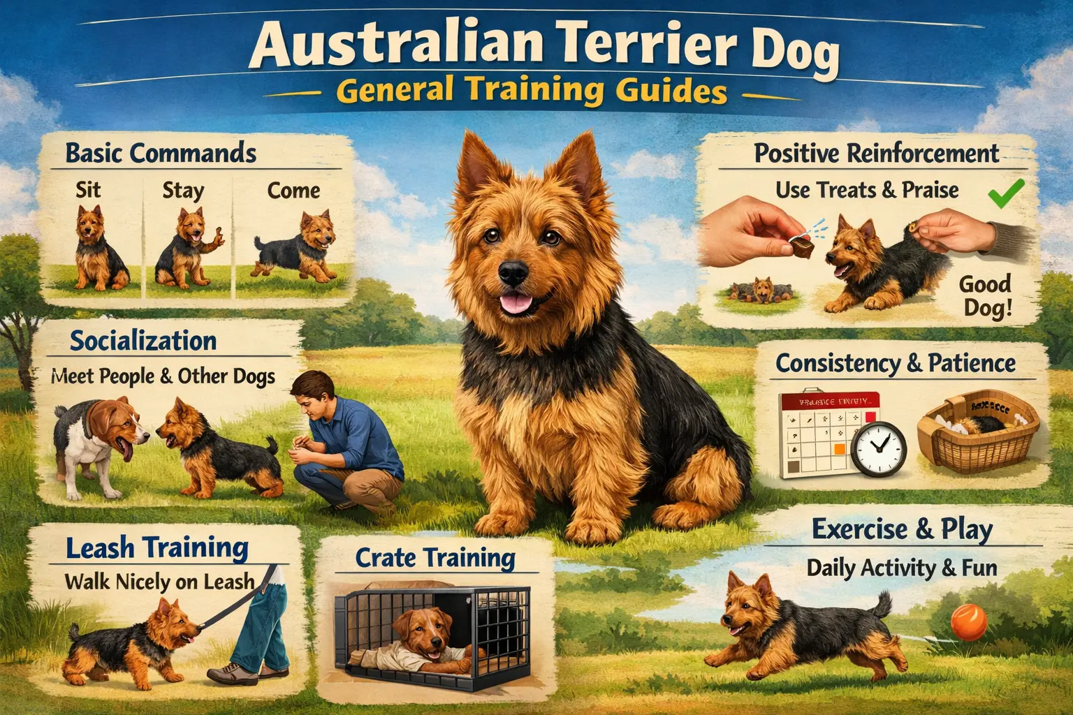 Australian Terrier learning obedience training outdoors with calm positive reinforcement
