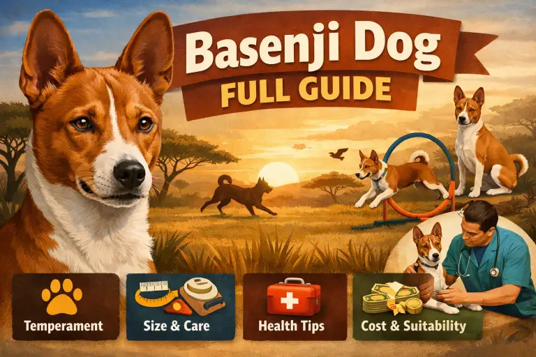 Basenji dog standing alert with curled tail and upright ears, representing the Basenji dog breed, temperament, size, lifespan, and care traits.