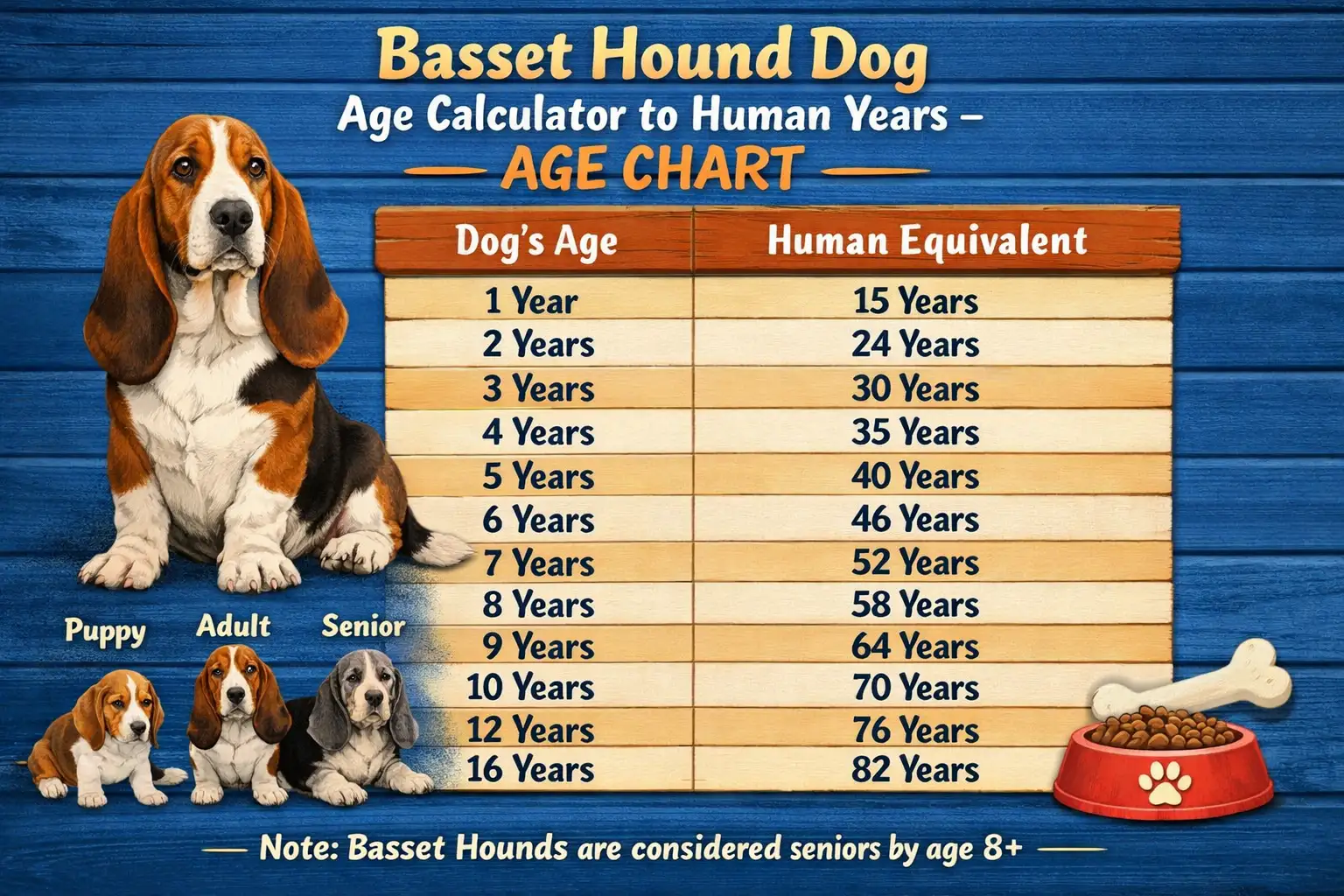 Basset Hound adult dog showing typical long ears and low body used for age calculator and life stage guide