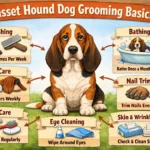 Basset Hound grooming guide showing brushing, ear cleaning, bathing, skin fold care, shedding management, and nail trimming