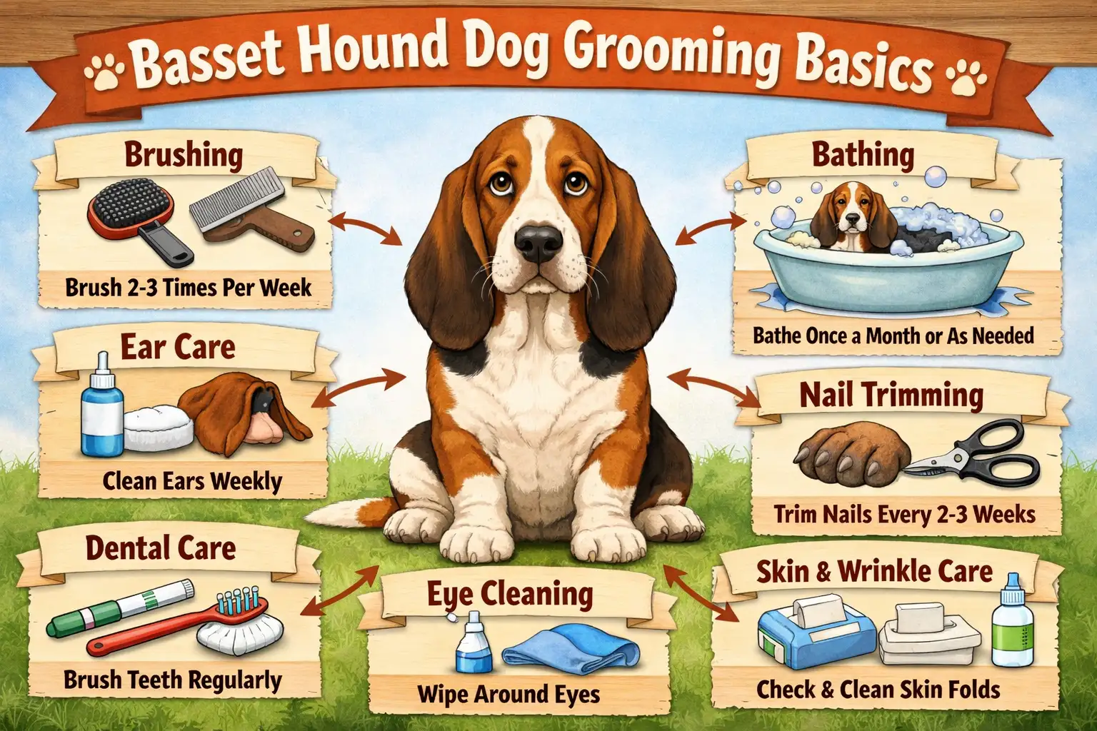 Basset Hound grooming guide showing brushing, ear cleaning, bathing, skin fold care, shedding management, and nail trimming