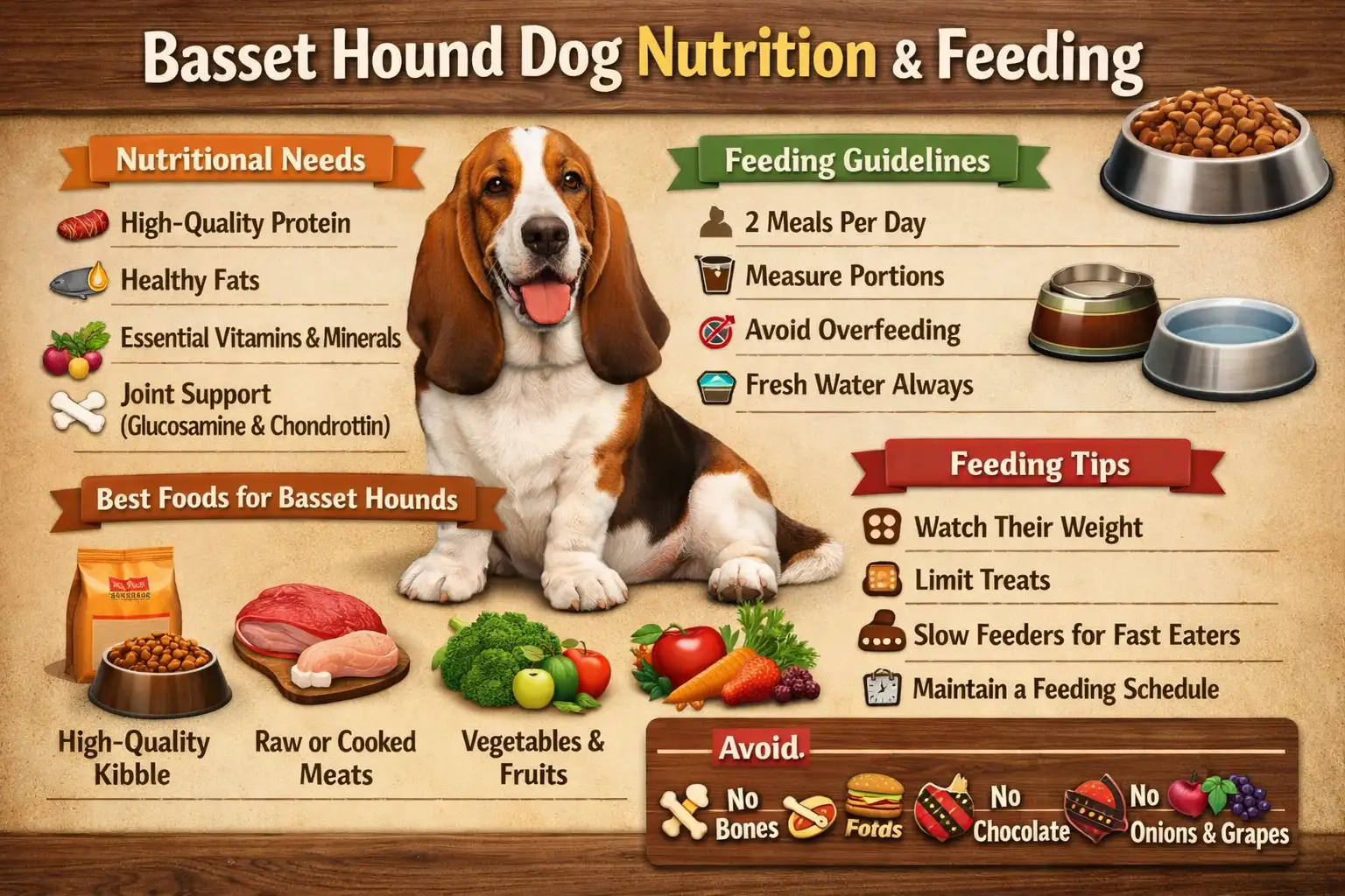 Basset Hound feeding chart showing recommended food portions, calorie intake, feeding schedule, and diet guidelines by age and weight