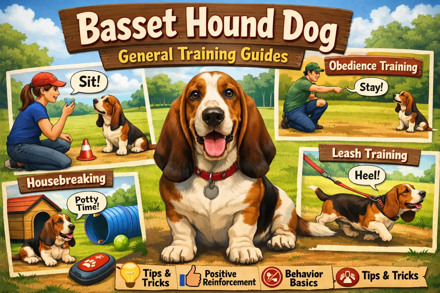 Basset Hound learning obedience training commands with owner