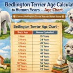 Bedlington Terrier age chart showing dog years, human years, and life stages for puppies, adults, and senior dogs.