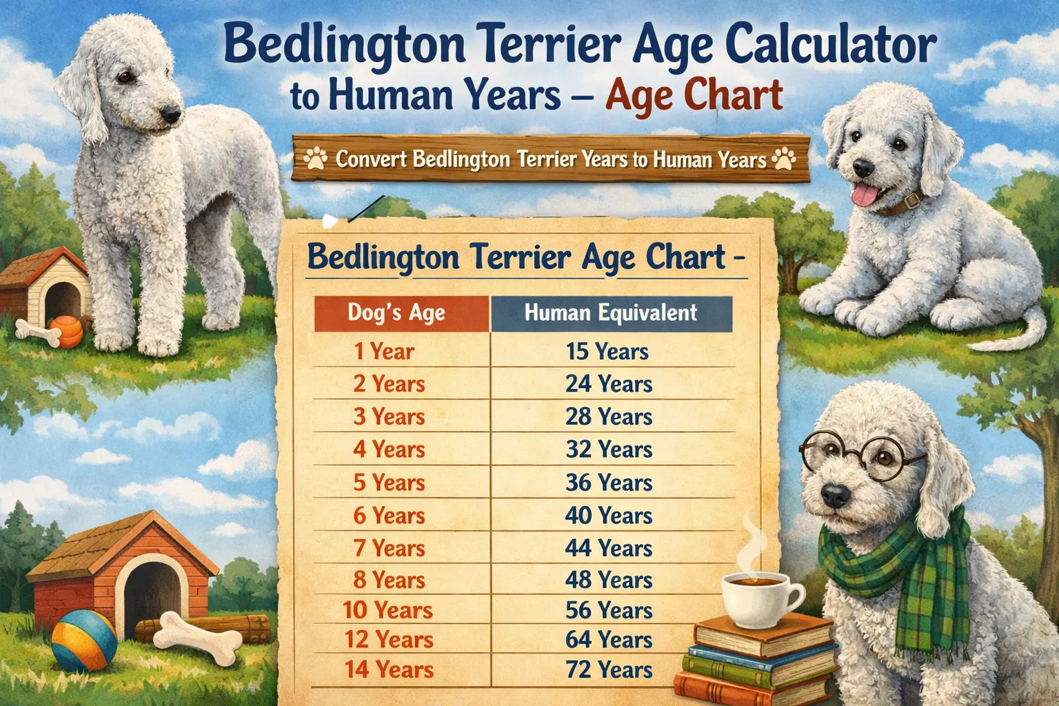Bedlington Terrier age chart showing dog years, human years, and life stages for puppies, adults, and senior dogs.