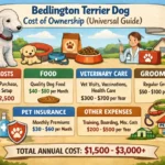Bedlington Terrier cost guide showing puppy price, monthly expenses, grooming costs, vet bills, and lifetime ownership costs