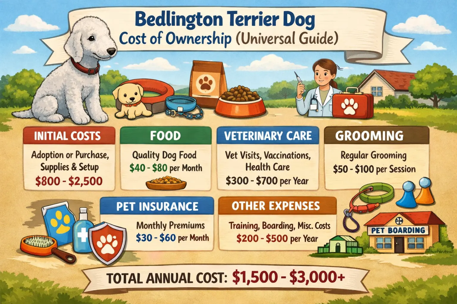Bedlington Terrier cost guide showing puppy price, monthly expenses, grooming costs, vet bills, and lifetime ownership costs