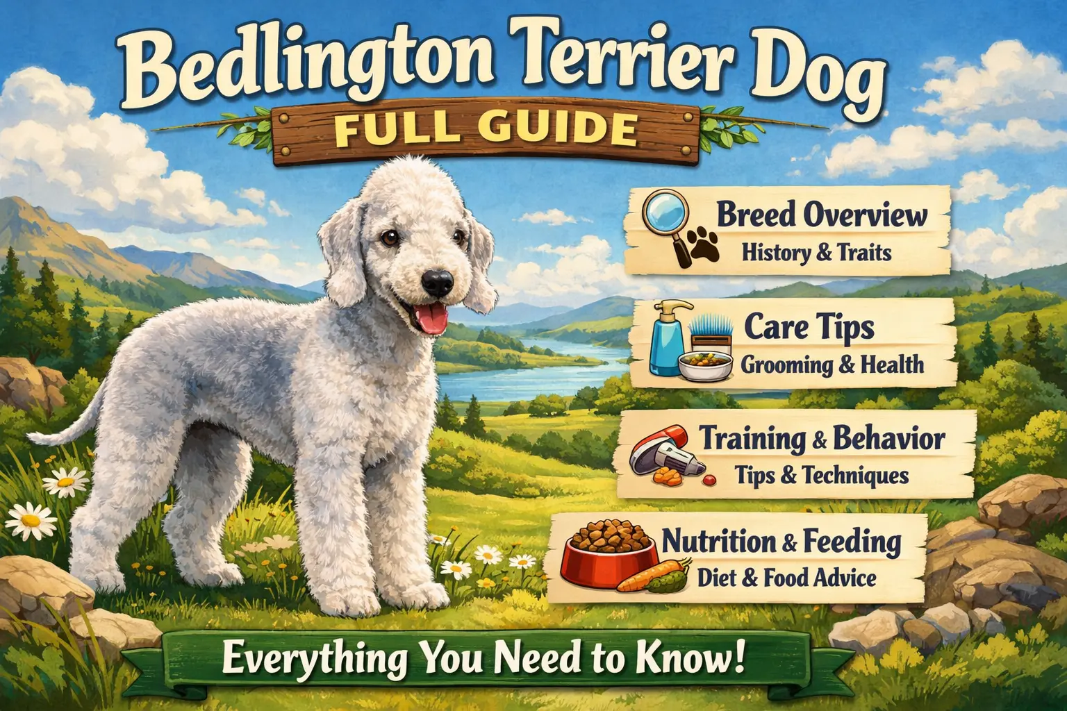 Bedlington Terrier dog care guide covering grooming, temperament, health, cost, and lifespan