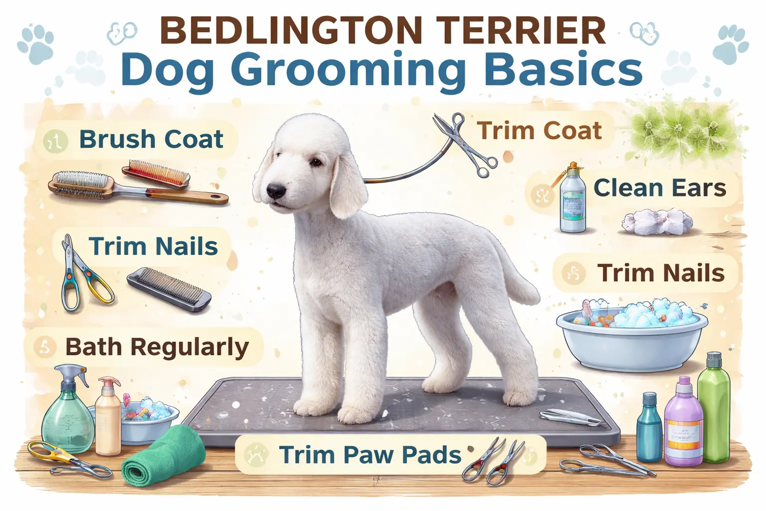 Bedlington Terrier being groomed with its curly coat brushed and trimmed to maintain a healthy, neat appearance.