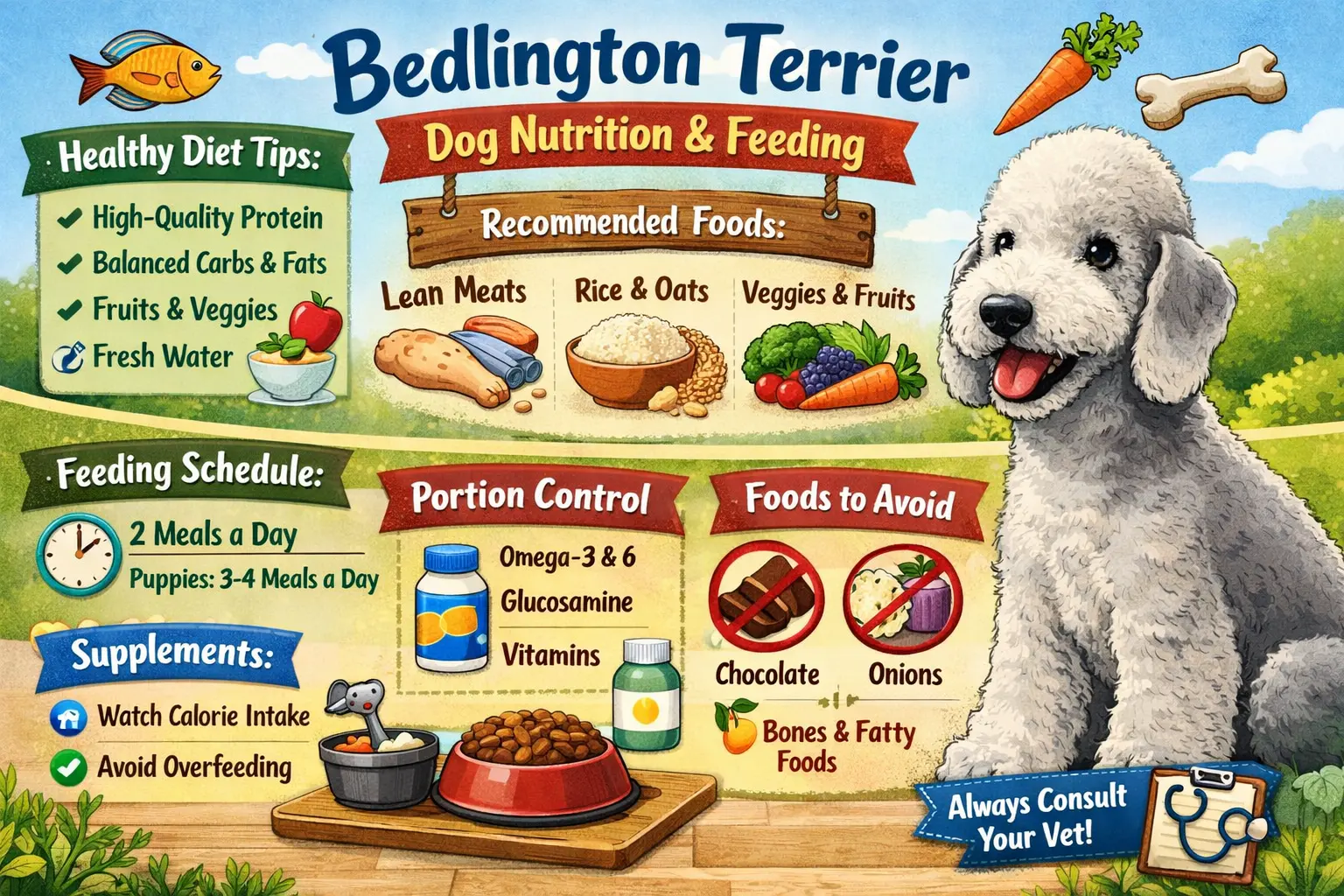 Bedlington Terrier feeding guide with food portions, nutrition tips, and daily feeding chart