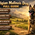 Adult Belgian Malinois dog standing alert outdoors, showing short fawn coat with black mask and athletic working-dog build