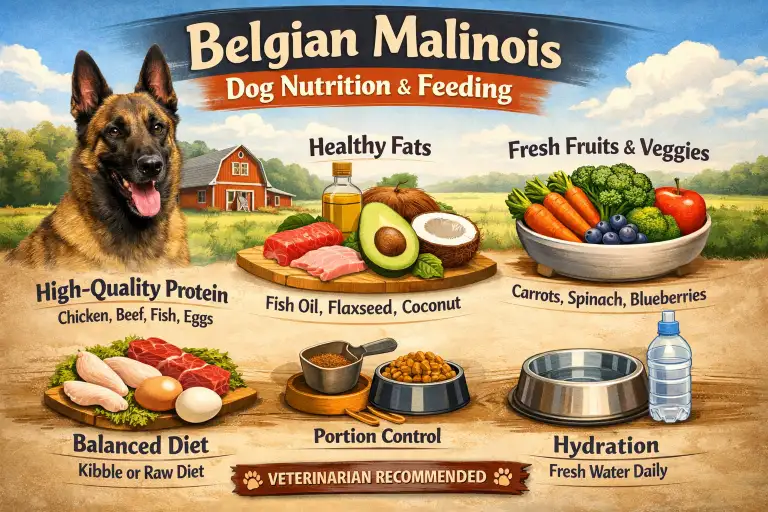 Belgian Malinois dog eating from a bowl, representing balanced nutrition for an active working breed