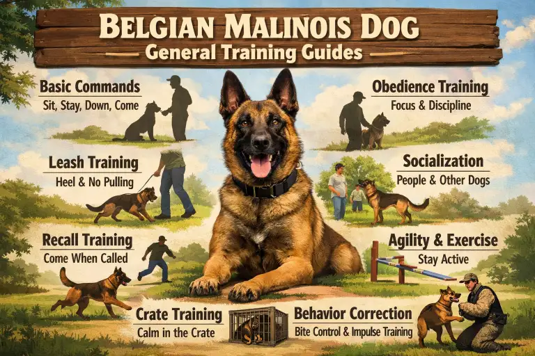 Belgian Malinois dog during obedience training, focused and responsive, highlighting intelligence and high-drive temperament