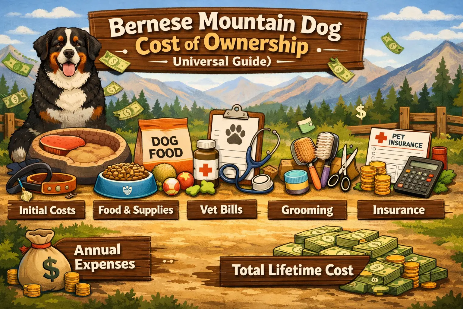 Bernese Mountain Dog cost of ownership including first-year, annual, monthly, insurance, and lifetime expenses