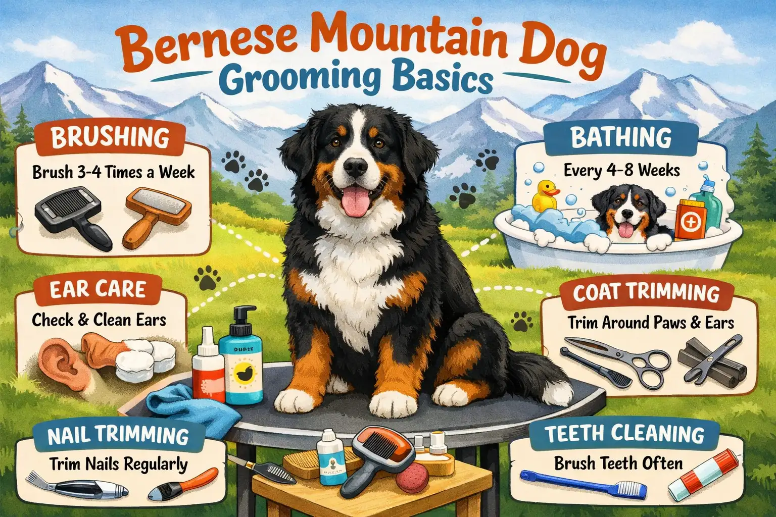 Bernese Mountain Dog being groomed with brushing and coat care tools