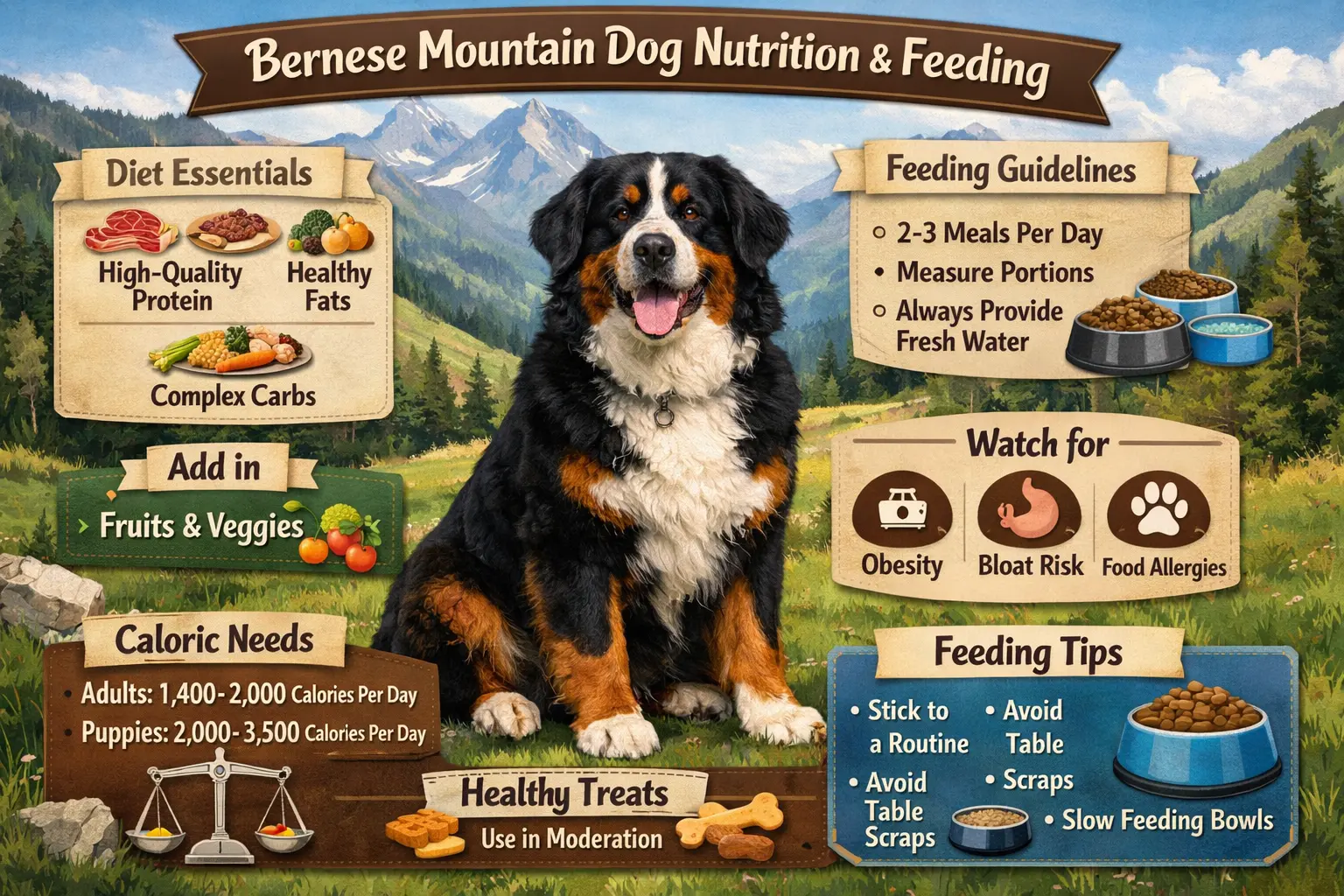 Bernese Mountain Dog feeding chart showing daily food amounts by age weight and activity level