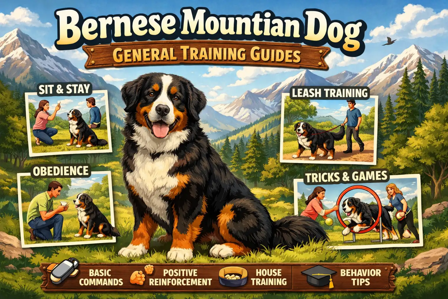 Bernese Mountain Dog practicing obedience training with owner