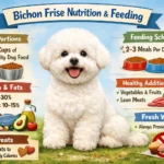 Bichon Frise eating a healthy meal as part of a balanced feeding guide with diet and portion tips