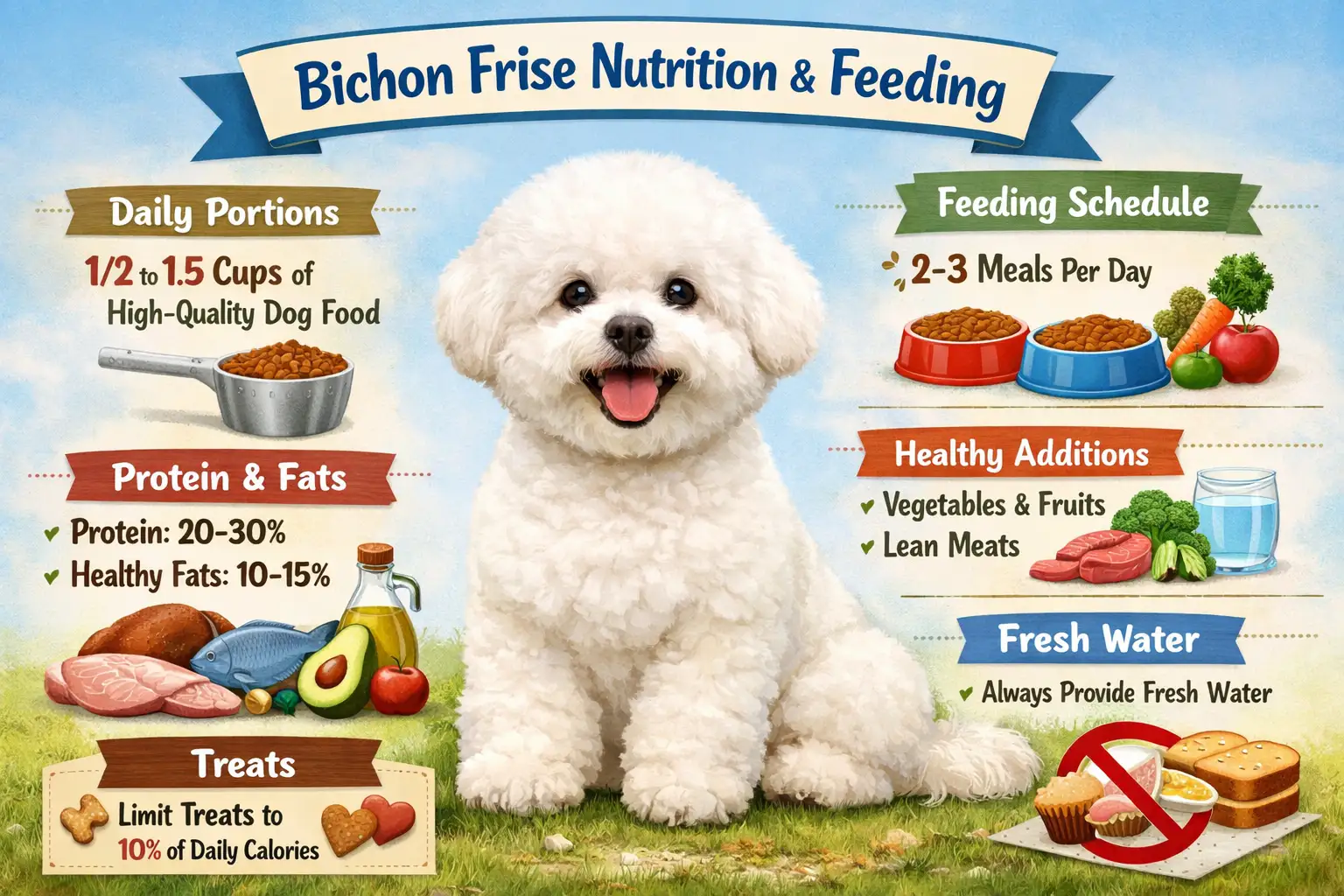 Bichon Frise eating a healthy meal as part of a balanced feeding guide with diet and portion tips