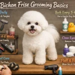 Bichon Frise being brushed at home to prevent matting and maintain a healthy curly coat
