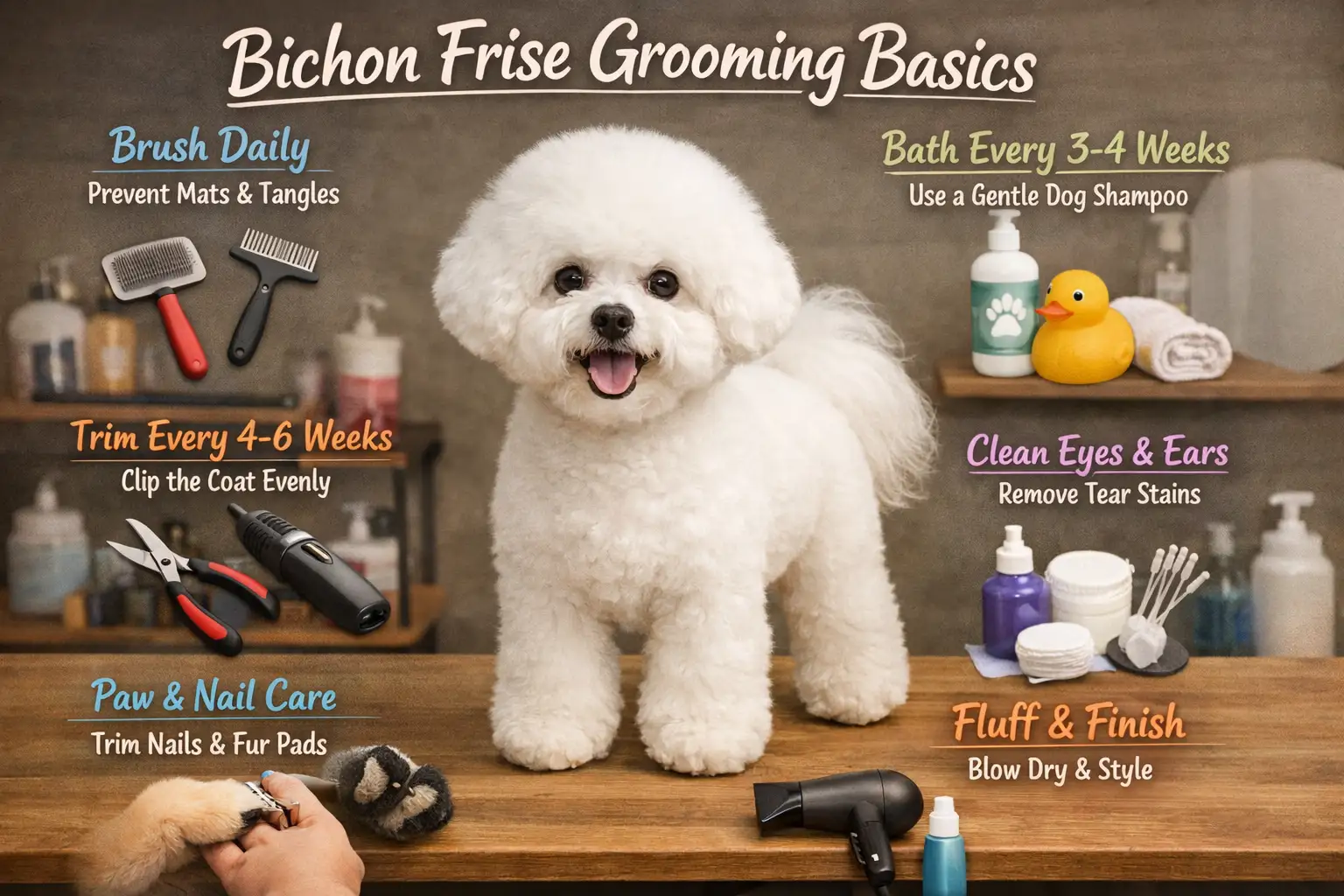 Bichon Frise being brushed at home to prevent matting and maintain a healthy curly coat
