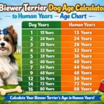 Biewer Terrier age chart showing dog years to human years with puppy, adult, and senior life stages