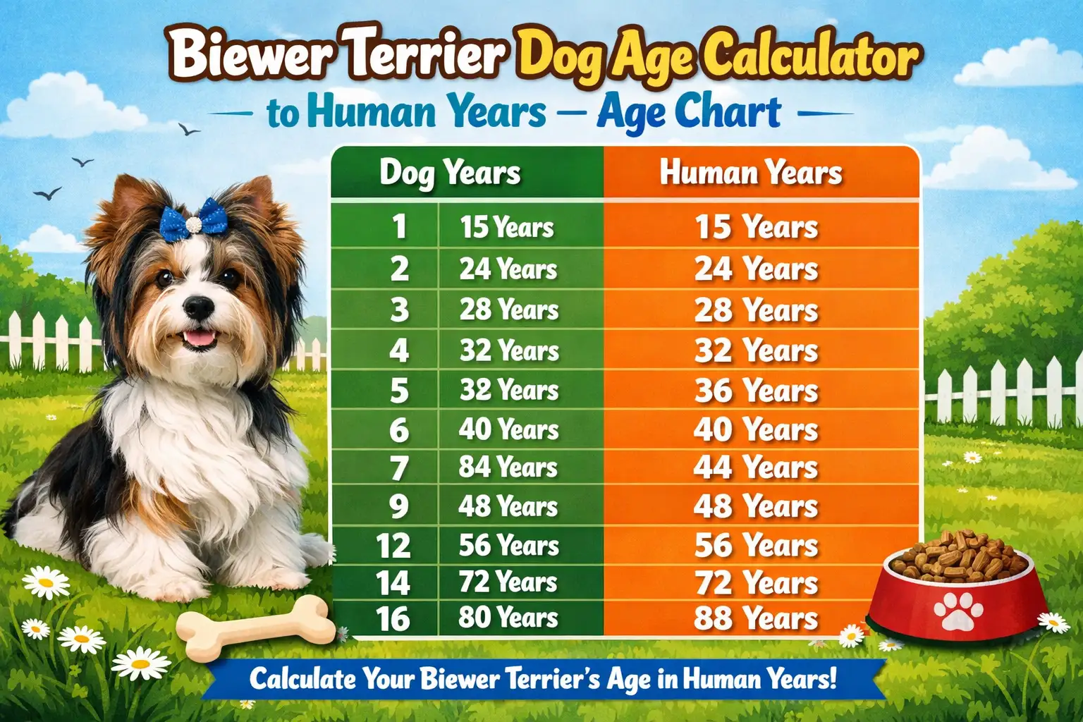 Biewer Terrier age chart showing dog years to human years with puppy, adult, and senior life stages