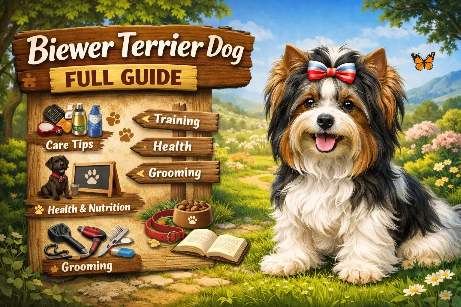 Biewer Terrier dog with a long tri-color coat standing indoors, showing the breed’s small toy size and silky hair.
