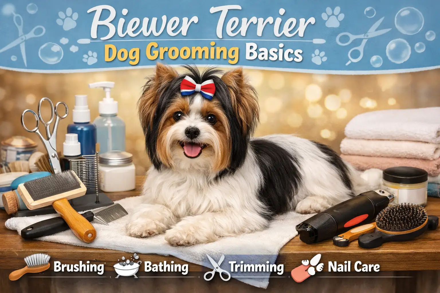 Biewer Terrier grooming at home showing a silky-coated dog being gently brushed to prevent tangles and mats