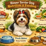 Biewer Terrier with healthy coat beside balanced dog food bowl for nutrition and feeding guide