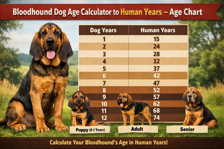 Bloodhound puppy sitting beside adult Bloodhound, showing size and facial changes from puppy to adult