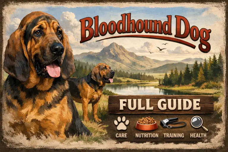 Adult Bloodhound with loose wrinkled skin, long drooping ears, and short tan and black coat standing outdoors