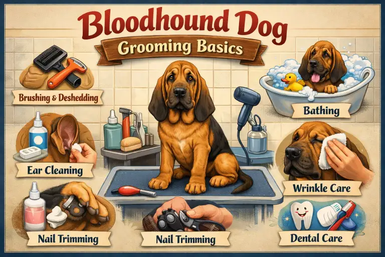 Bloodhound being brushed, highlighting short coat, loose skin folds, and long ears needing regular care