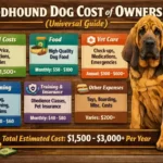 Bloodhound resting at home with food bowls and accessories, representing daily care and ownership needs