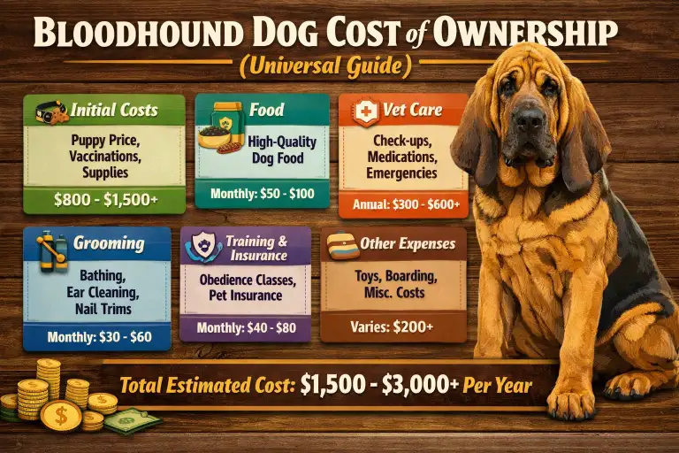 Bloodhound resting at home with food bowls and accessories, representing daily care and ownership needs