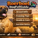 Large, muscular Boerboel dog with a short coat standing alert outdoors, showing the breed’s powerful build, broad head, and calm, confident expression in common fawn and brown colors.