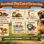 Adult Boerboel dog with its owner in a home setting, representing the ongoing costs of food, training, veterinary care, and general ownership for a large dog breed.
