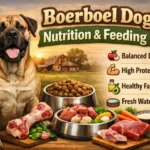 Large Boerboel dog eating from a bowl, illustrating proper portion size, muscular body condition, and nutritional needs for a giant, active guardian breed.