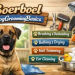 Short-coated Boerboel dog being brushed lightly, showing the breed’s low-maintenance coat, large body size, and typical fawn and brindle coloring.
