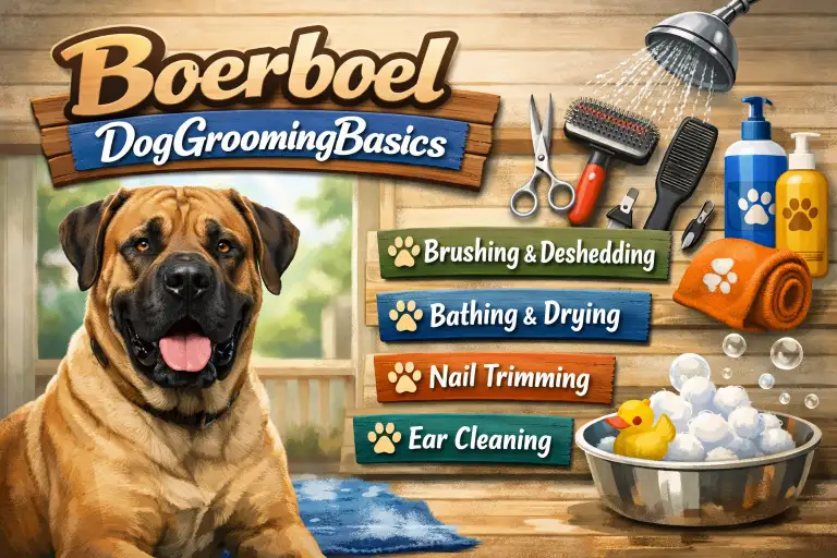 Short-coated Boerboel dog being brushed lightly, showing the breed’s low-maintenance coat, large body size, and typical fawn and brindle coloring.