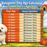 Bolognese dog age chart showing dog years to human years by life stage