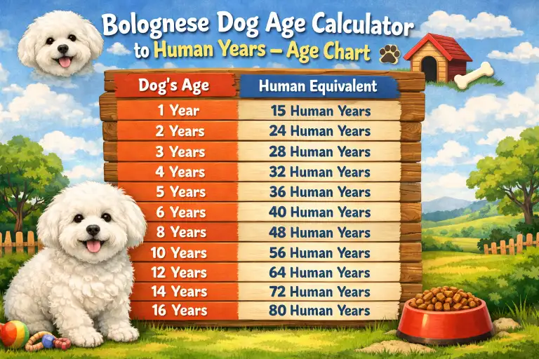 Bolognese dog age chart showing dog years to human years by life stage